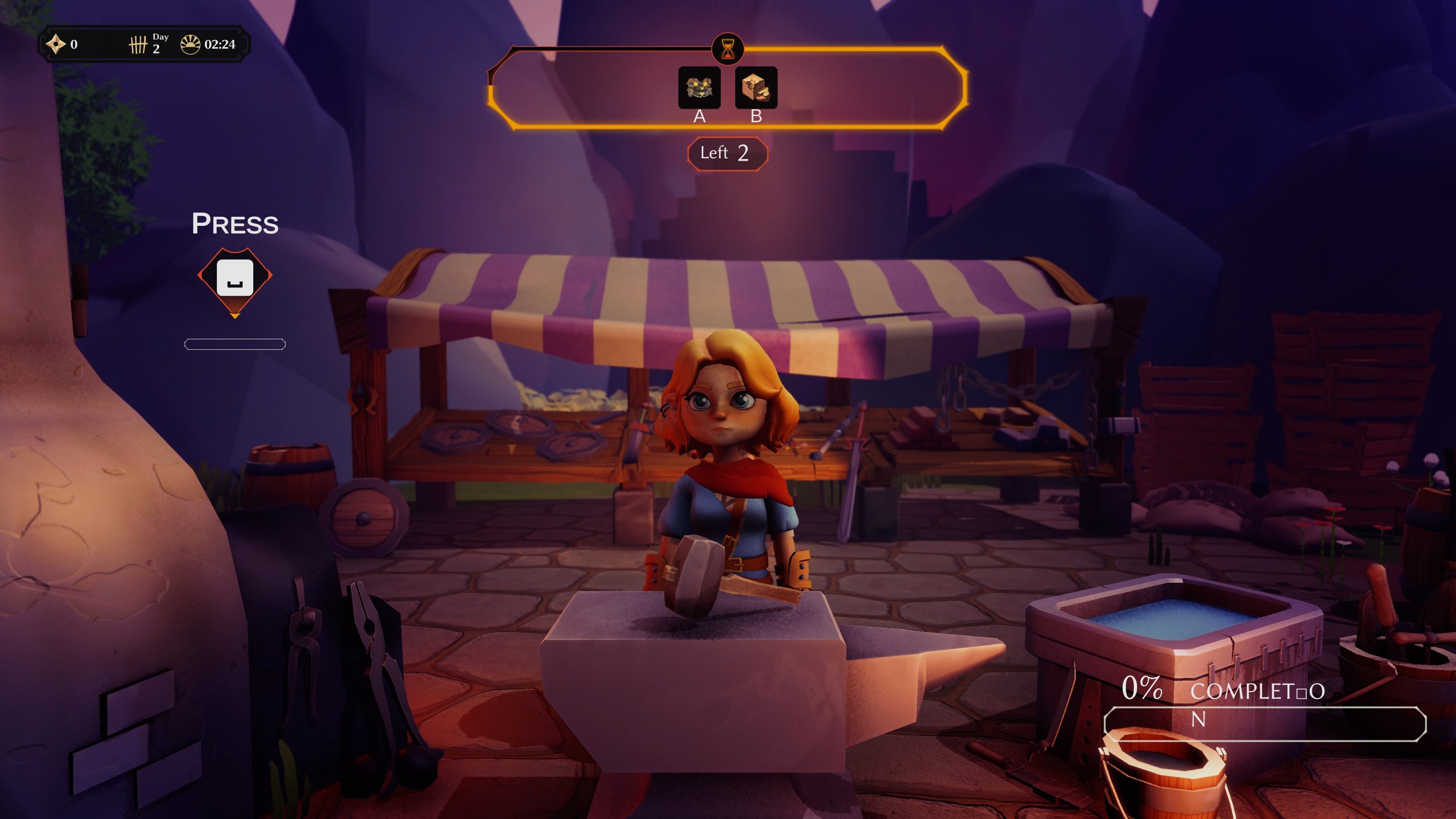 Close-up of the rhythm crafting mini-game with sparks flying from the anvil