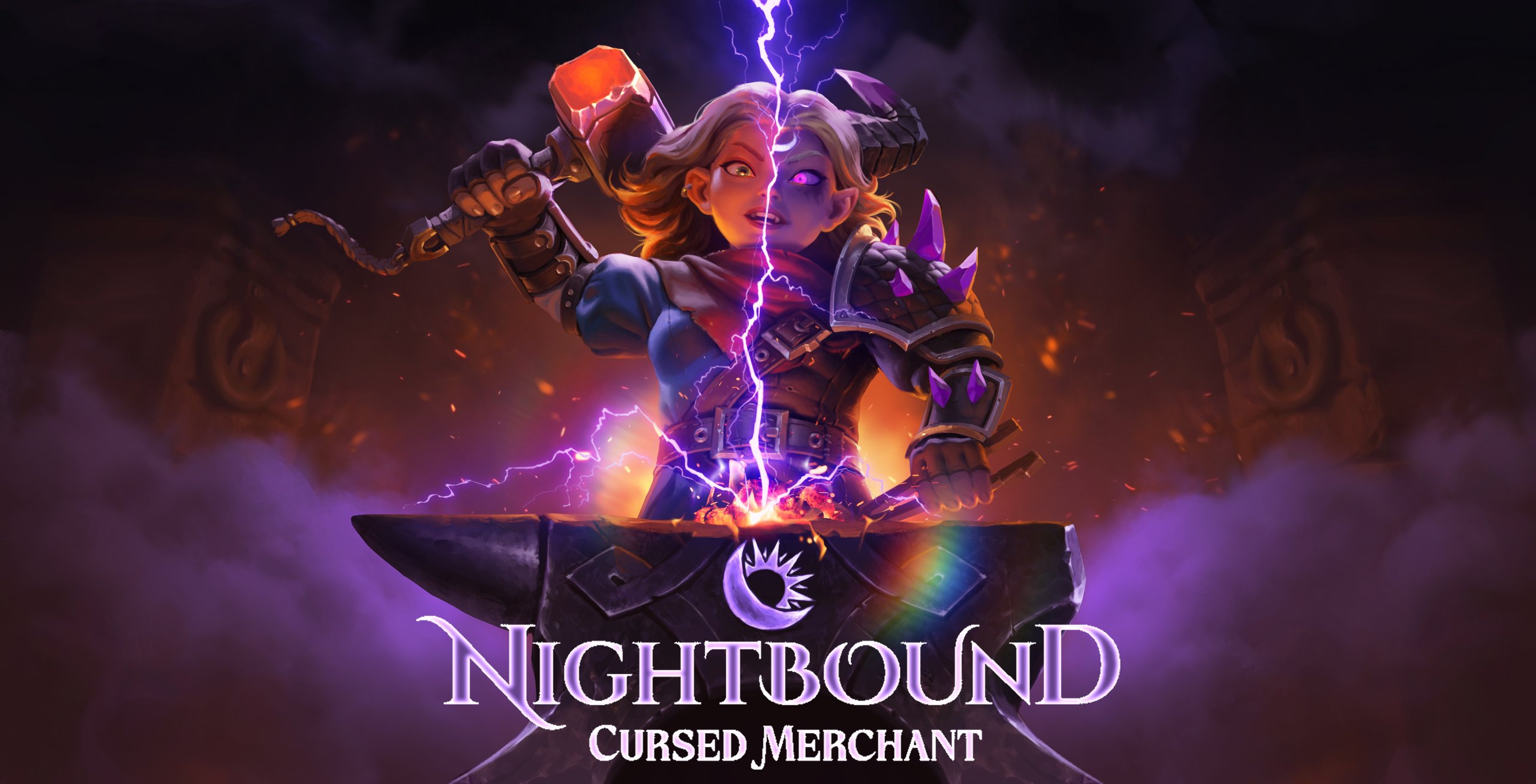 Nightbound — Luna split between human blacksmith and demon form, with the Nightbound wordmark on her anvil